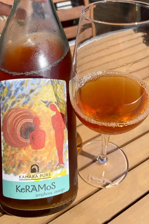 Kamara Winery Keramos Orange 2021 Bottle  and glass- Natural Wine Dealers