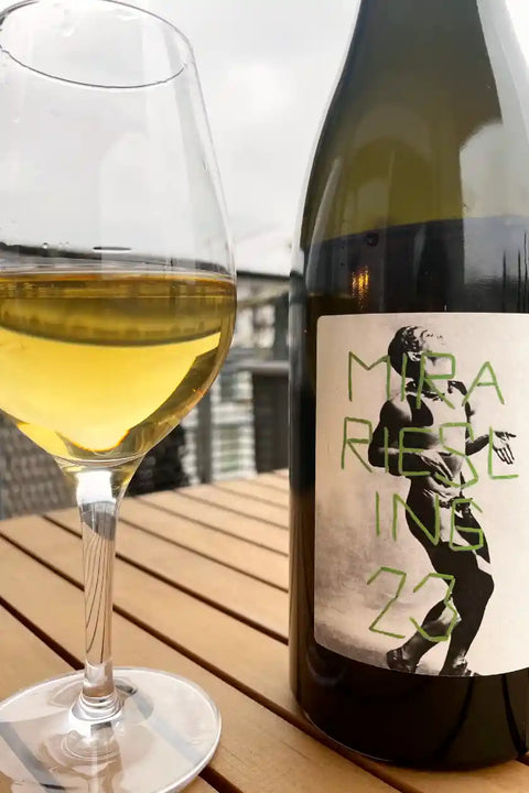 Mira Riesling 2023 bottle and glass - Natural Wine Dealers