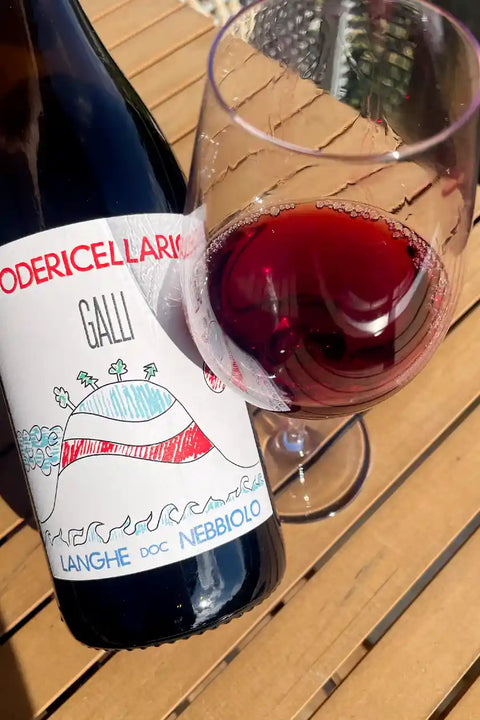 Poderi Cellario Galli 2022 bottle and glass - Natural Wine Dealers